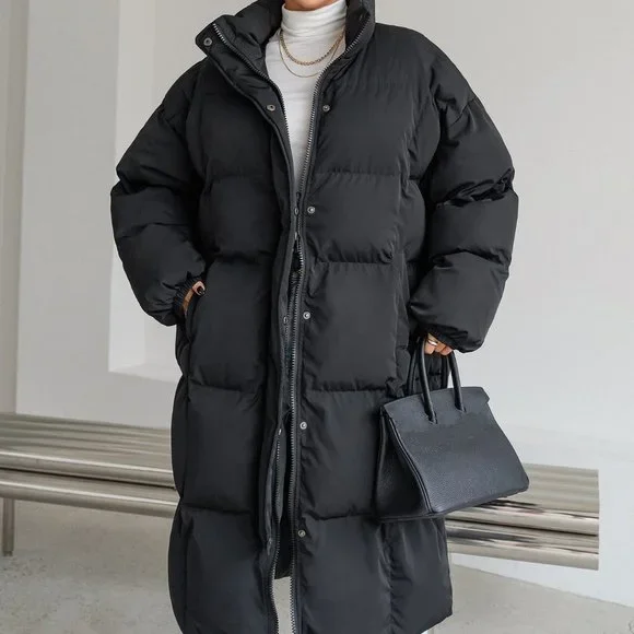 Black Casual Womens Drop Shoulder Slant Pockets Puffer Coat - Picture 5 of 6